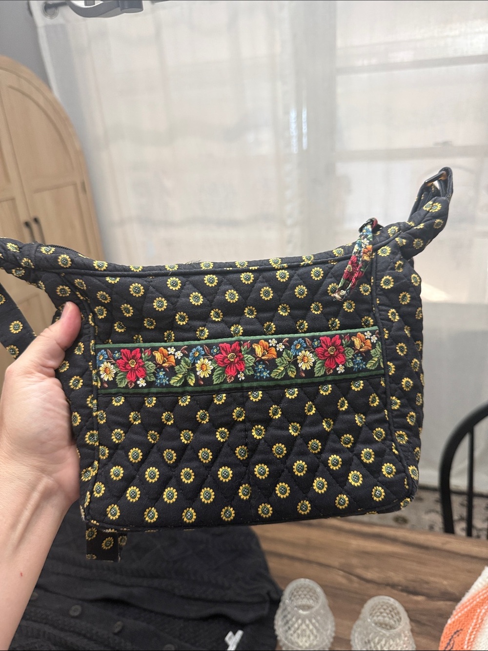 Vintage Vera Bradley -Quilted Black Floral Crossbody Bag with Embroidered Trim